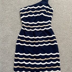 Lilly Pulitzer One-Shoulder Dress in Navy and Cream
